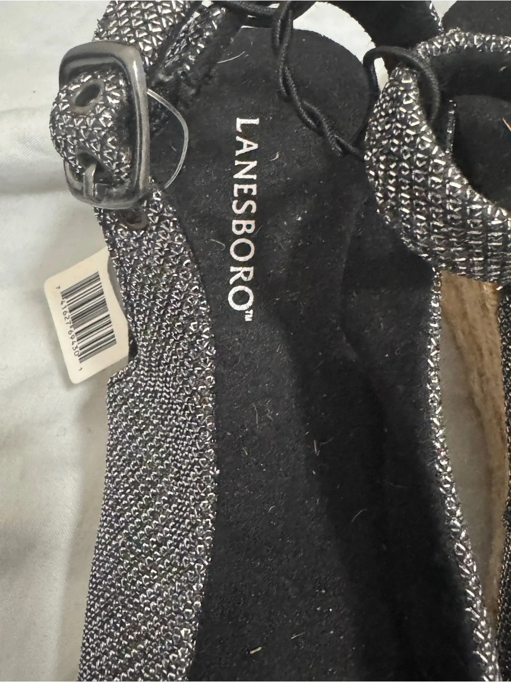 Lanesboro women size 8.5 shiny black fabric man made material wedged rope sandal